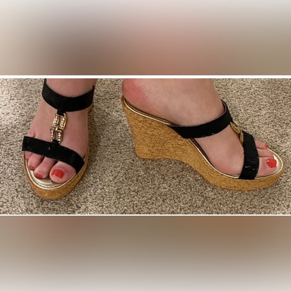 Italina Black and Gold Wedge Sandals